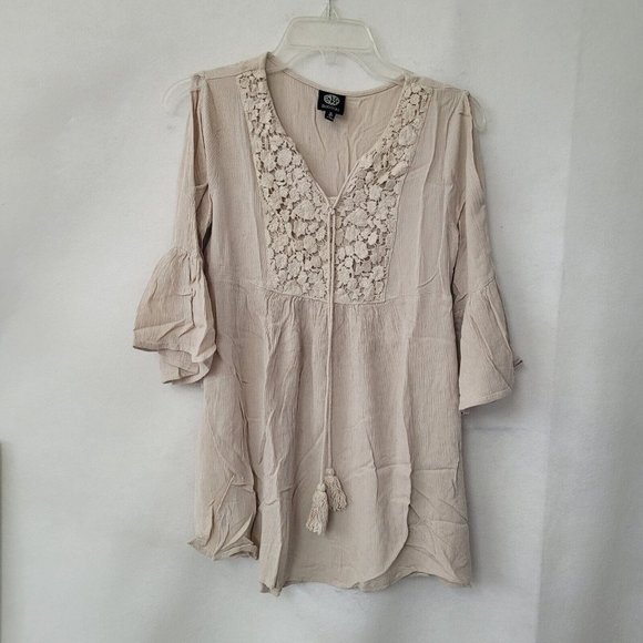 Bobeau Top Woens S‎ Boho Lace 3/4 Bell Sleeve Peasant Blouse Beige Rayon Gauze - Picture 1 of 10